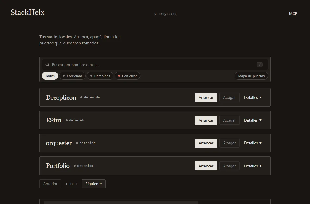 Captura del panel de StackHelx